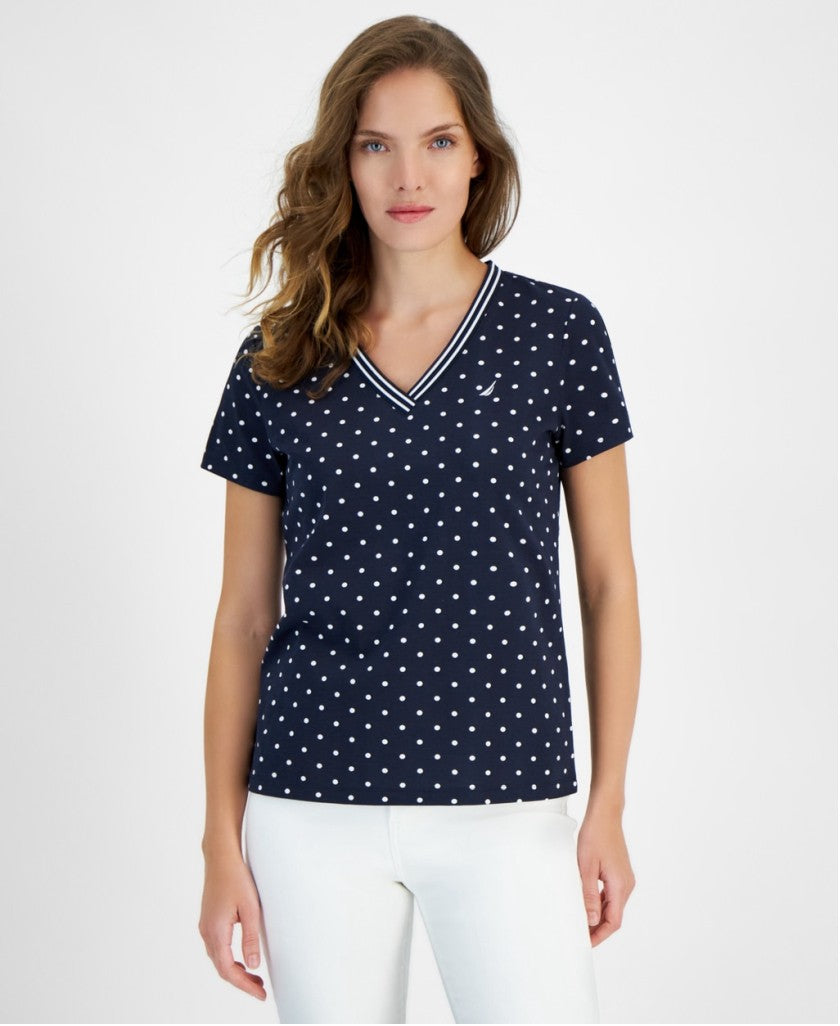 Nautica Jeans Women's Small Navy Polka-Dot Print V-Neck Short-Sleeve Top NWT