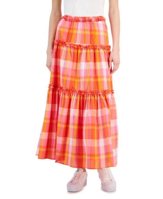 Nautica Jeans Women's Medium 100% Cotton Bright Plaid Ruffle-Trim Maxi Skirt NWT