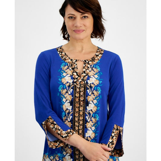 JM Collection Women's Small Petite Dark Blue Enchantment Floral Tunic NWT.