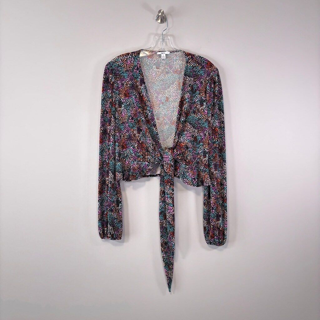 Bar III Women's Plus Size 1X Multi-Colored Tie-Front Ruffle Crop Top NWT
