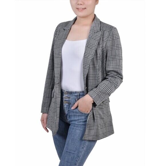 NY COLLECTION Petite Long Sleeve Ponte White and Black Plaid Suit Jacket NWT
