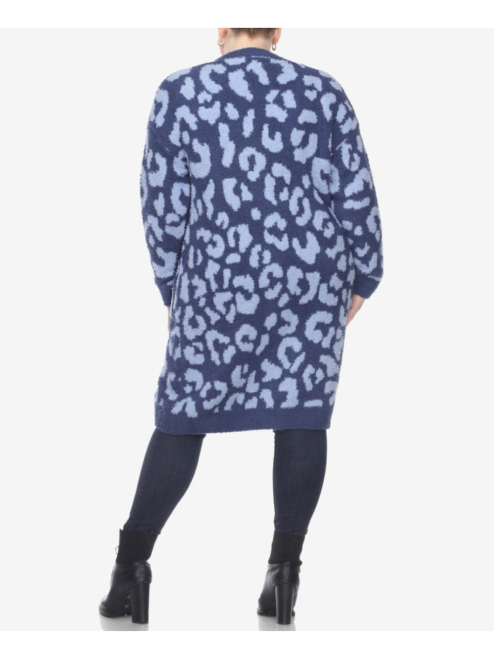 White Mark Plus Size 2X 2XL Plush Sherpa Blue Leopard Open-Front Sweater NWT