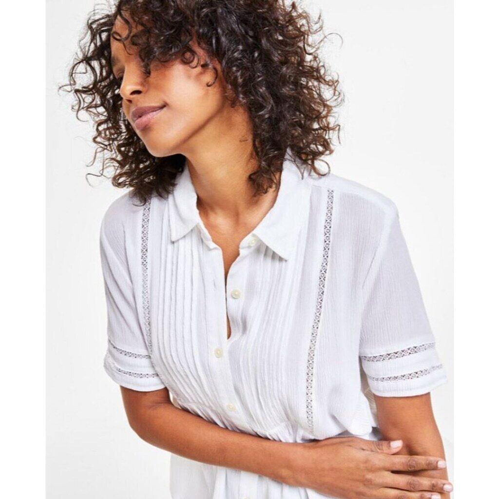 Style & Co Petite Ivory Pintuck Short-Sleeve Button-Front Shirt NWT