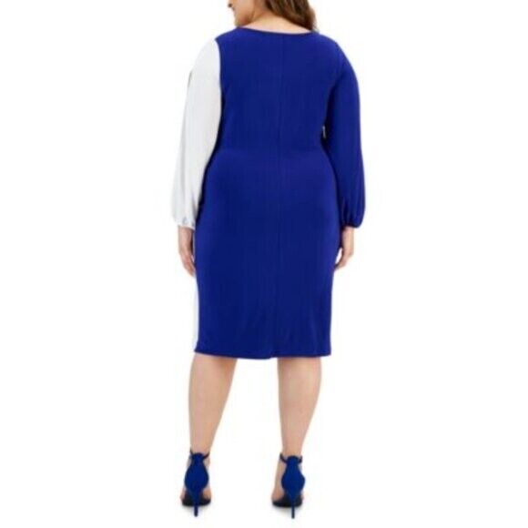 KASPER Plus Size Blue and White Colorblocked Split-Sleeve Dress NWT