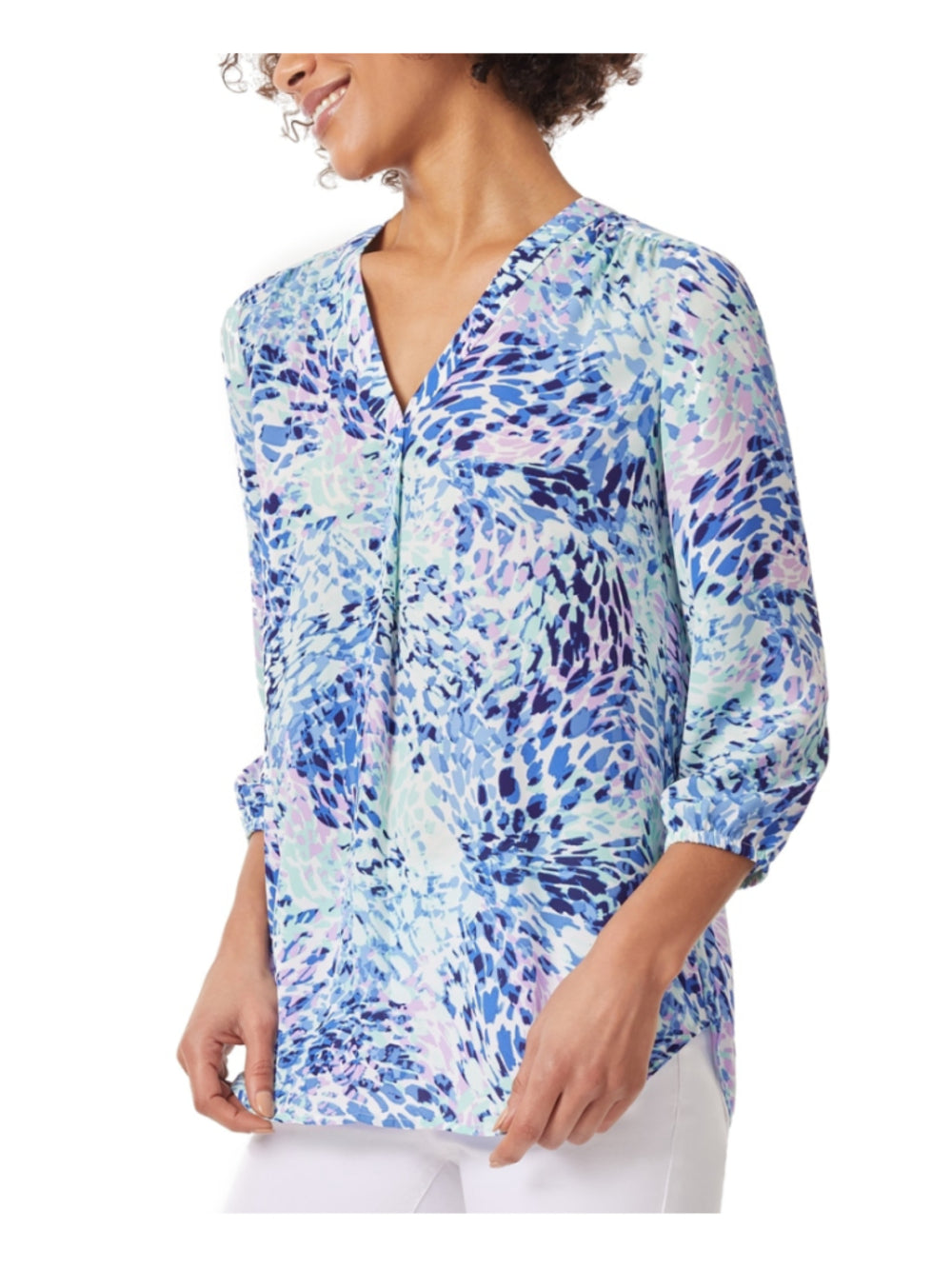 Jones New York Women's Small Petite Blue Floral Print V-Neck 3/4-Sleeve Top NWT