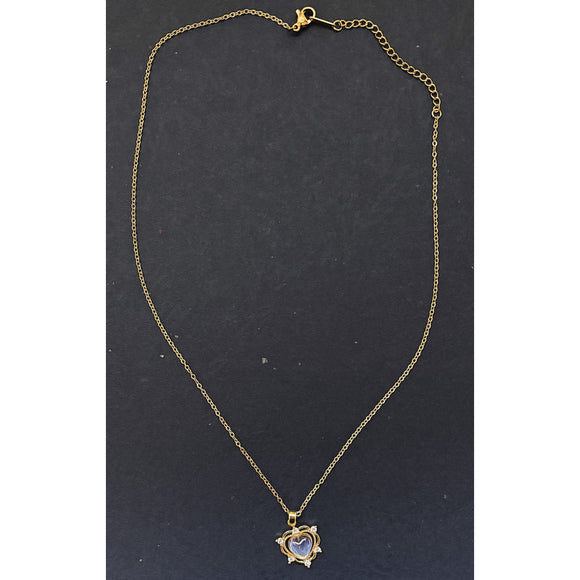 Blue Colour Shifting Heart Pendant Gold Necklace with Crystal Accents NWT
