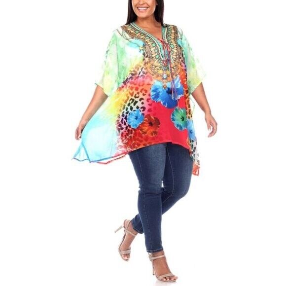 WHITE MARK Plus Size Short Bright and Colorful Caftan with Tie-Up Neckline NWT