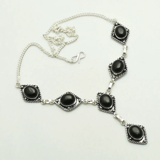 925 Silver Plated Black Onyx Handmade Drop Necklace NWT