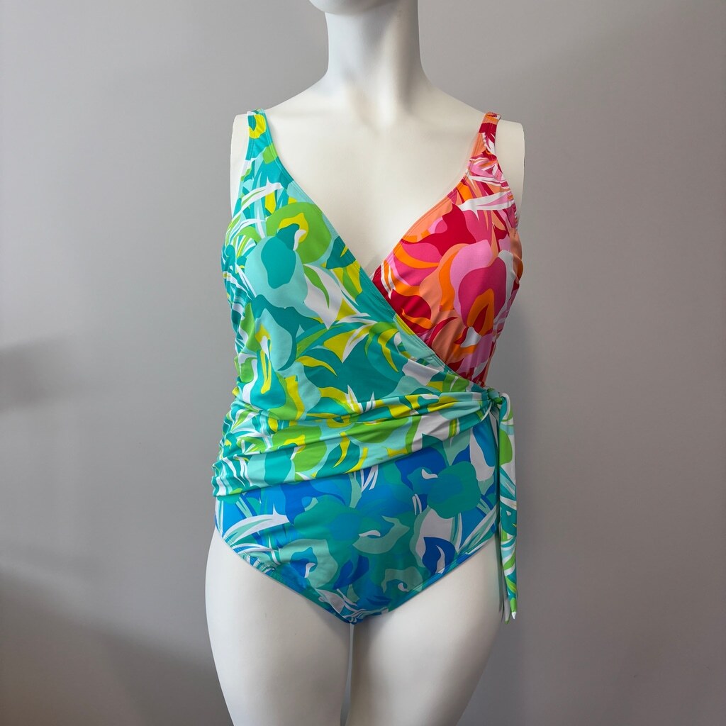 Bleu by Rod Beattie Women's Plus Size Multicolor Surplice Tied Swimsuit NWT