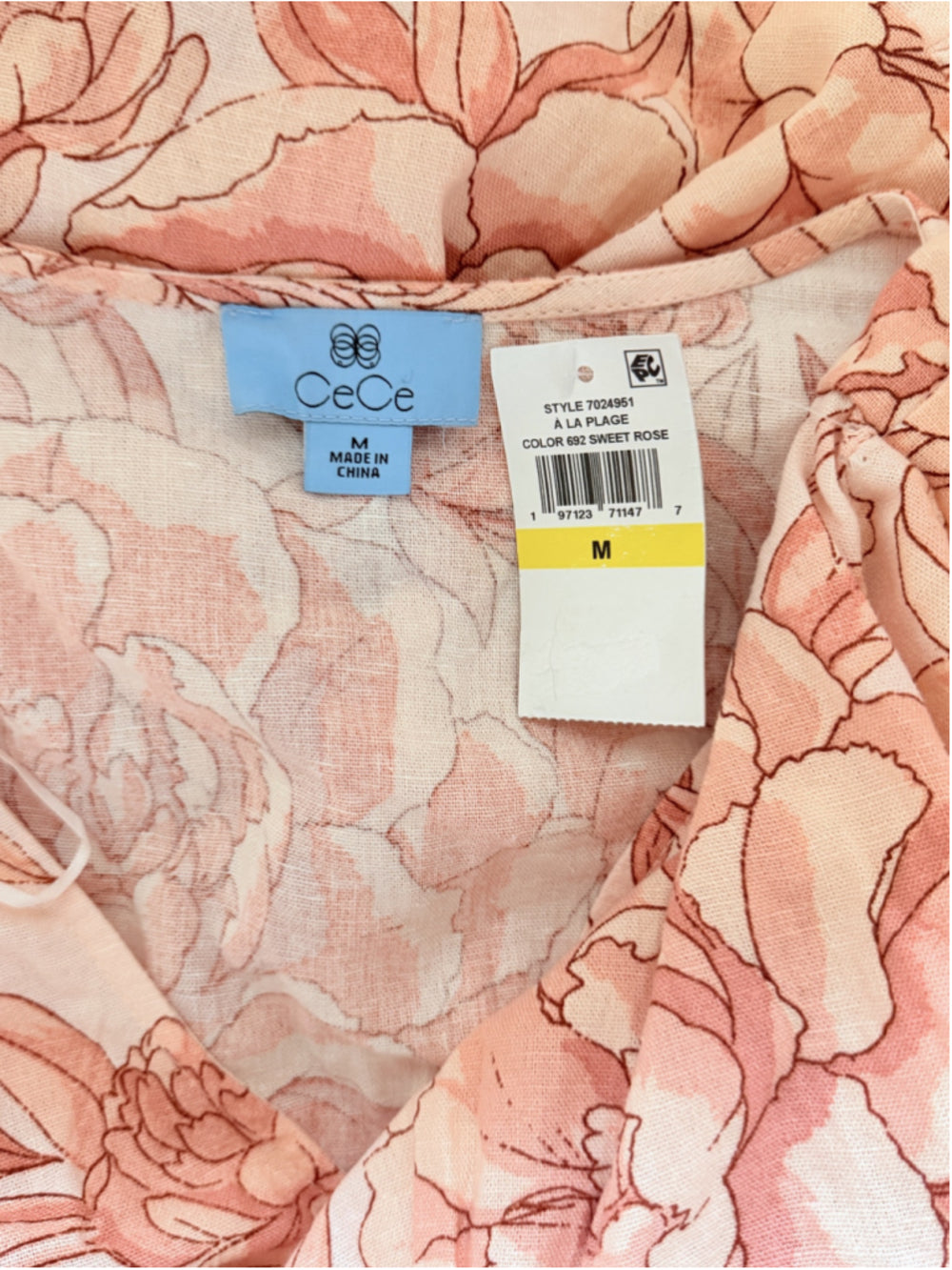 CeCe Women’s Medium Pink Floral Printed Linen Puff Sleeve V-Neck Maxi Dress NWT