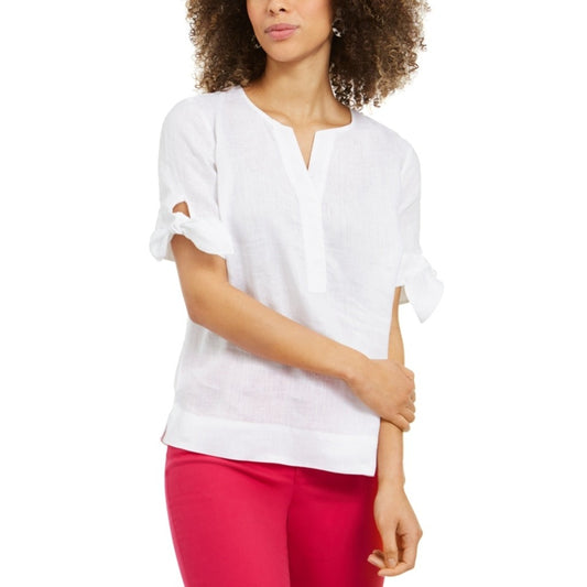 Charter Club Petite Medium White 100% Linen Split-Neck Short Sleeve Top NWT