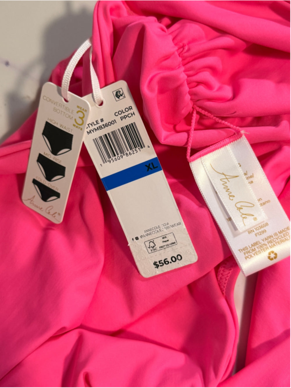 Anne Cole Extra Large Hot Pink High-Waist Bikini Bottoms NWT
