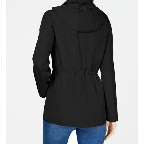 Charter Club Petite Black Hooded Anorak Rain Jacket Drawstring Waist NWT
