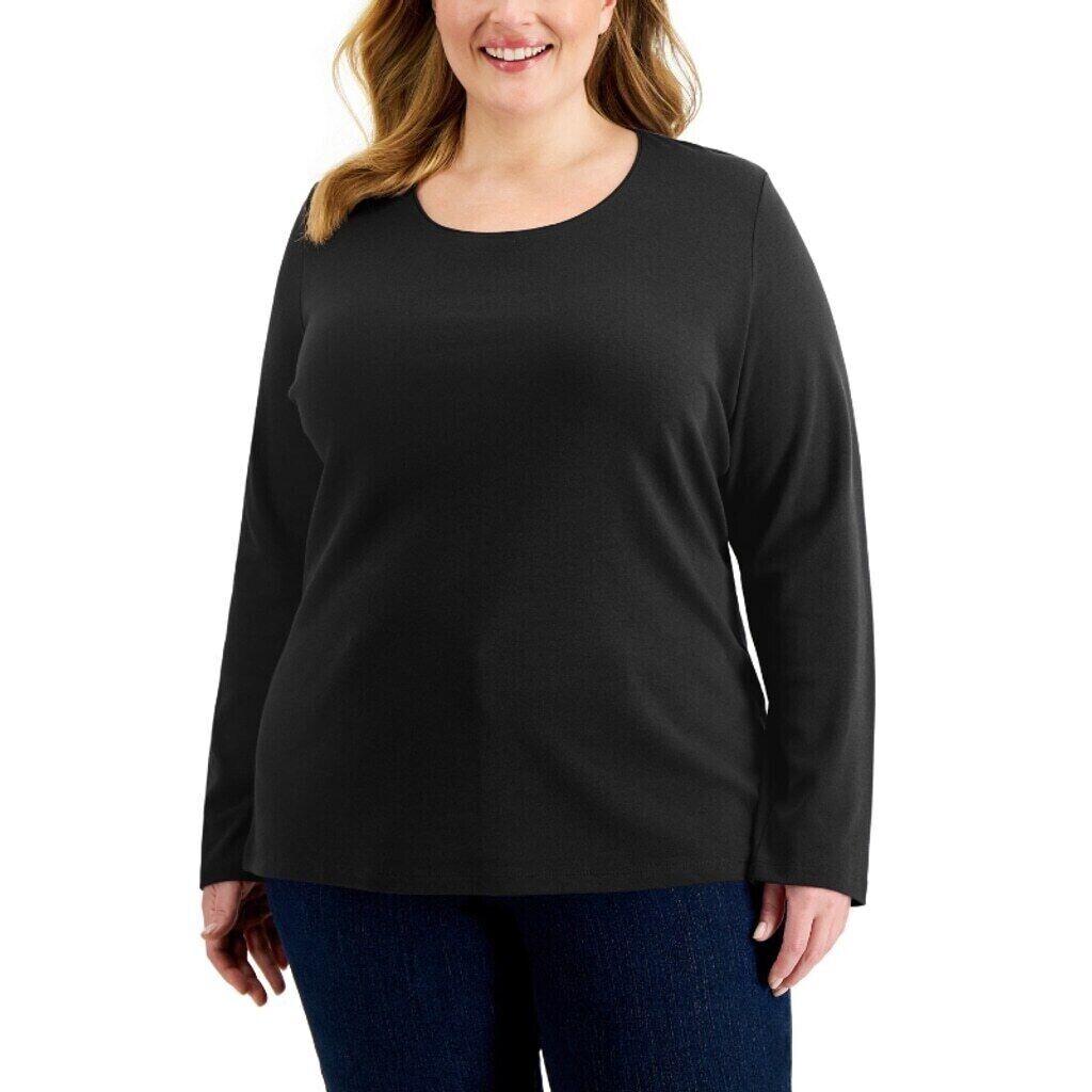 Karen Scott Women's Plus Size 100% Cotton Black Long Sleeve Casual Top NWT