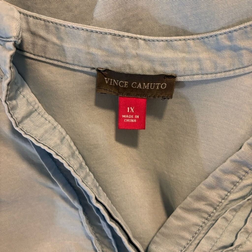 VINCE CAMUTO Plus Size Light Blue Split Neck Ruffle Sleeve Top NWOT