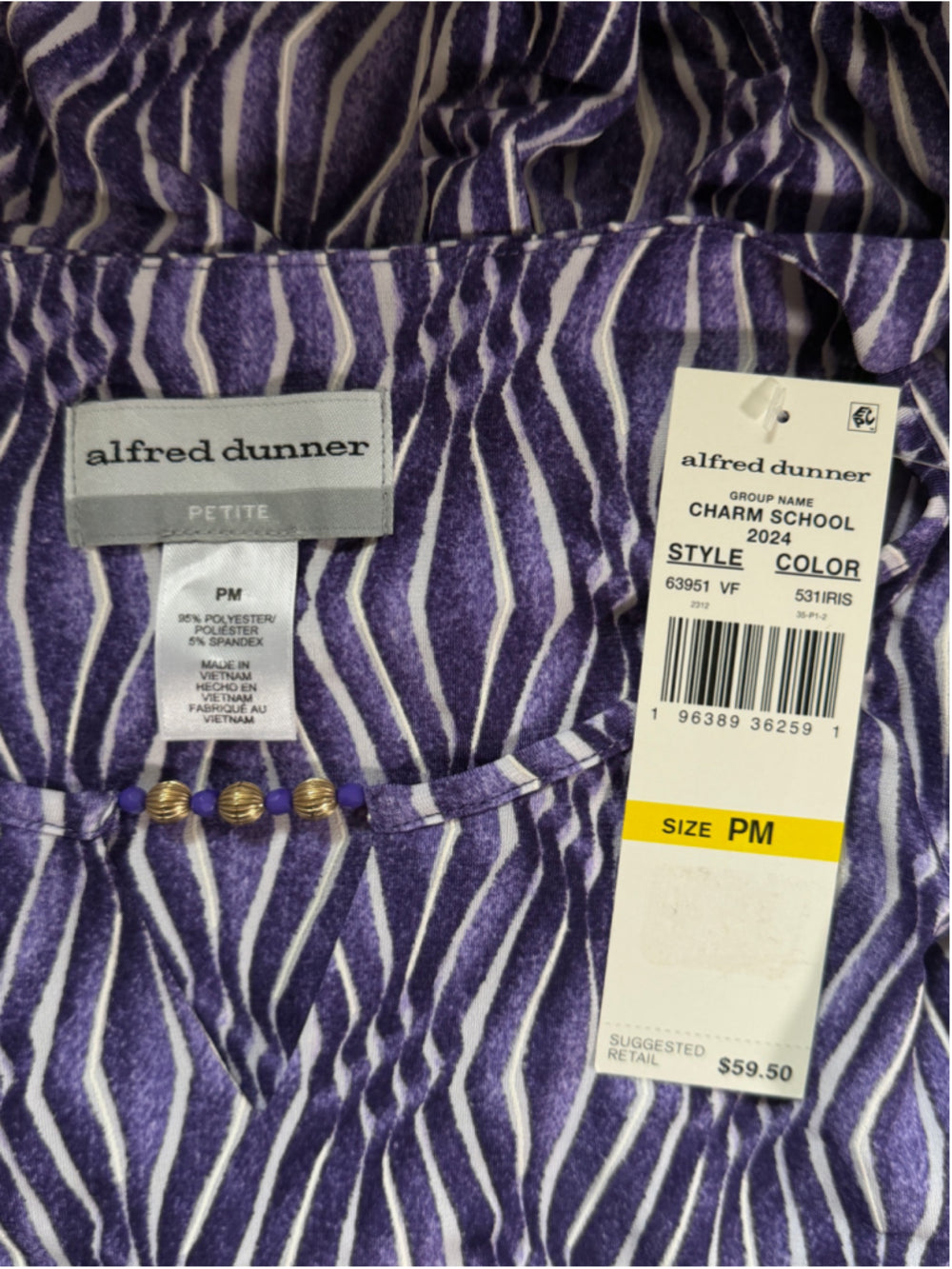 Alfred Dunner Medium Petite Purple & White Diamond Print Top / Blouse NWT