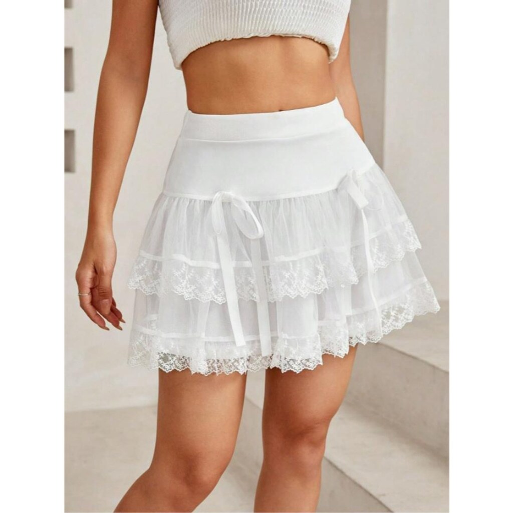 SHEIN Women's Small White Layered Patchwork Lace Embroidered Mesh Hem Skirt NIB