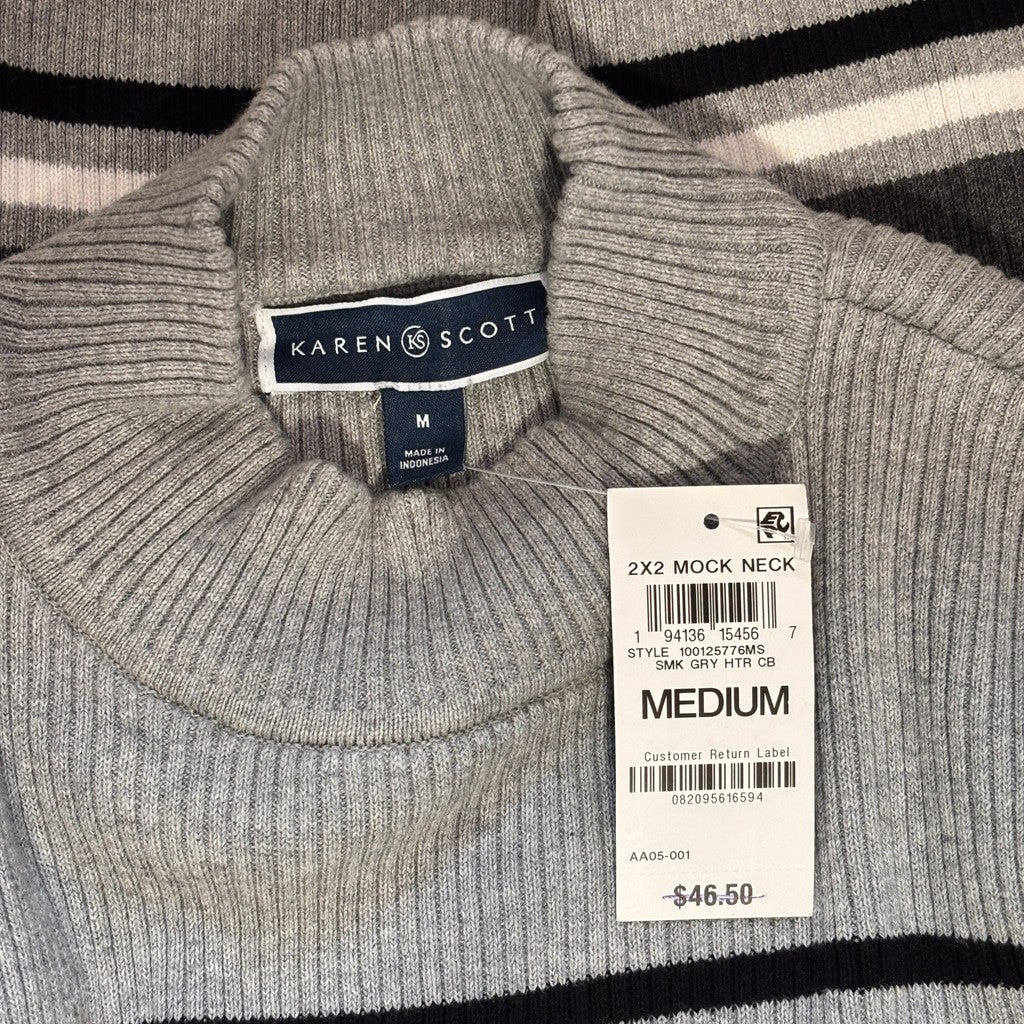 Karen Scott Size Medium Mock Neck Striped Ribbed Sweater Gray 100% Cotton NWT