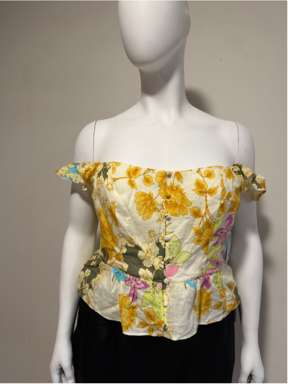 Guess Women's XL Green Floral Smocked Button-Up Peplum Top NWT