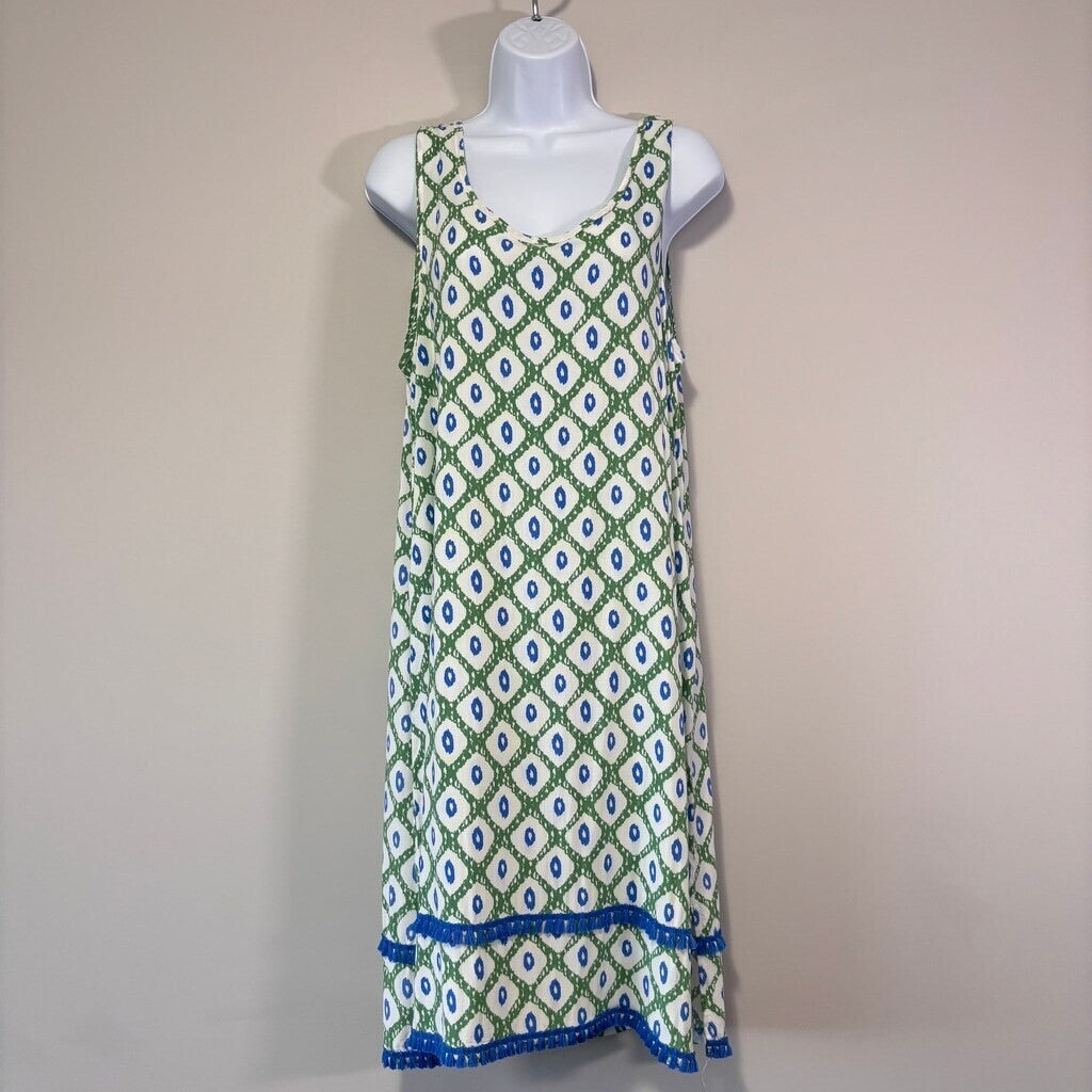 Roudelain Women's White, Green & Blue Printed Tassel-Trim Tank Nightgown NWT