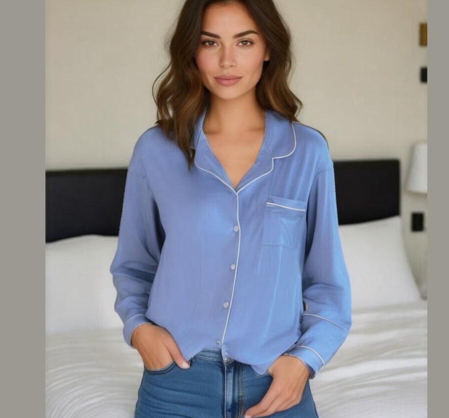 Flora Women's Size Large Blue Button-Down Pajama Top with White Piping NWT