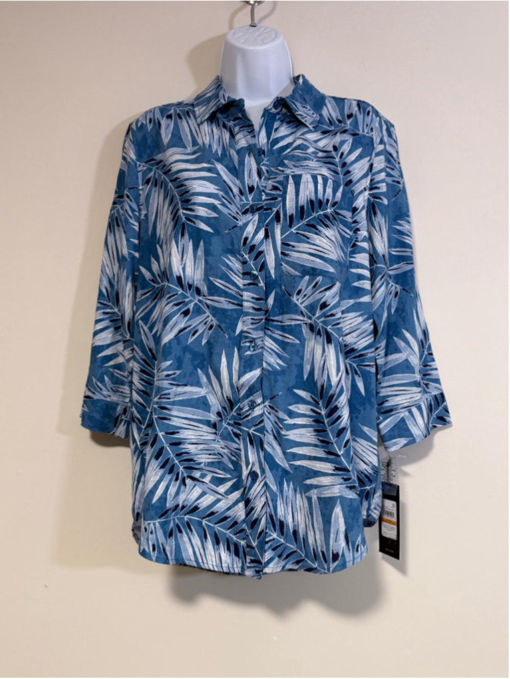 Jones New York Small Button Down Blue Tropical Printed Linen Blend Blouse NWT