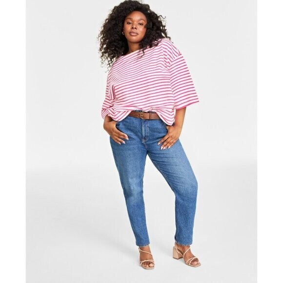 On 34th Plus Size Heavyweight Cotton Pink Striped Boat-Neck 3/4 Sleeve Top NWT