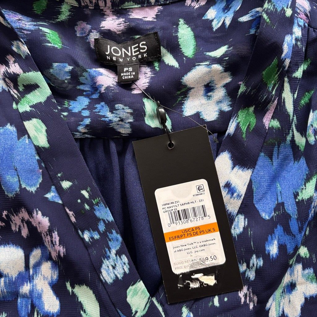 Jones New York Women's Petite Small Blue Floral-Print V-Neck 3/4-Sleeve Top NWT