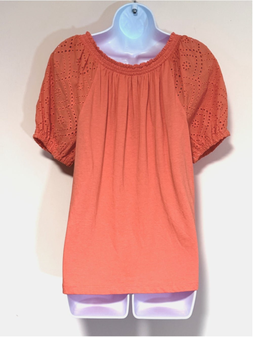 Jones New York Women's Small Sherbet Orange Eyelet Short Sleeve Top NWT