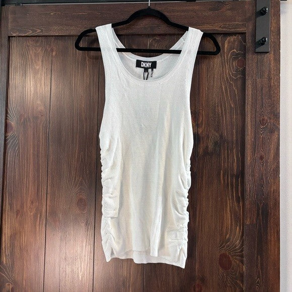 DKNY Women's Medium White Ruched Scoop-Neck Metallic-Trim Tank Top NWT