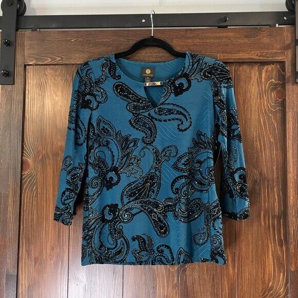 JM Collection Petite Small Blue & Black Paisley Glitter Jacquard Keyhole Top NWT
