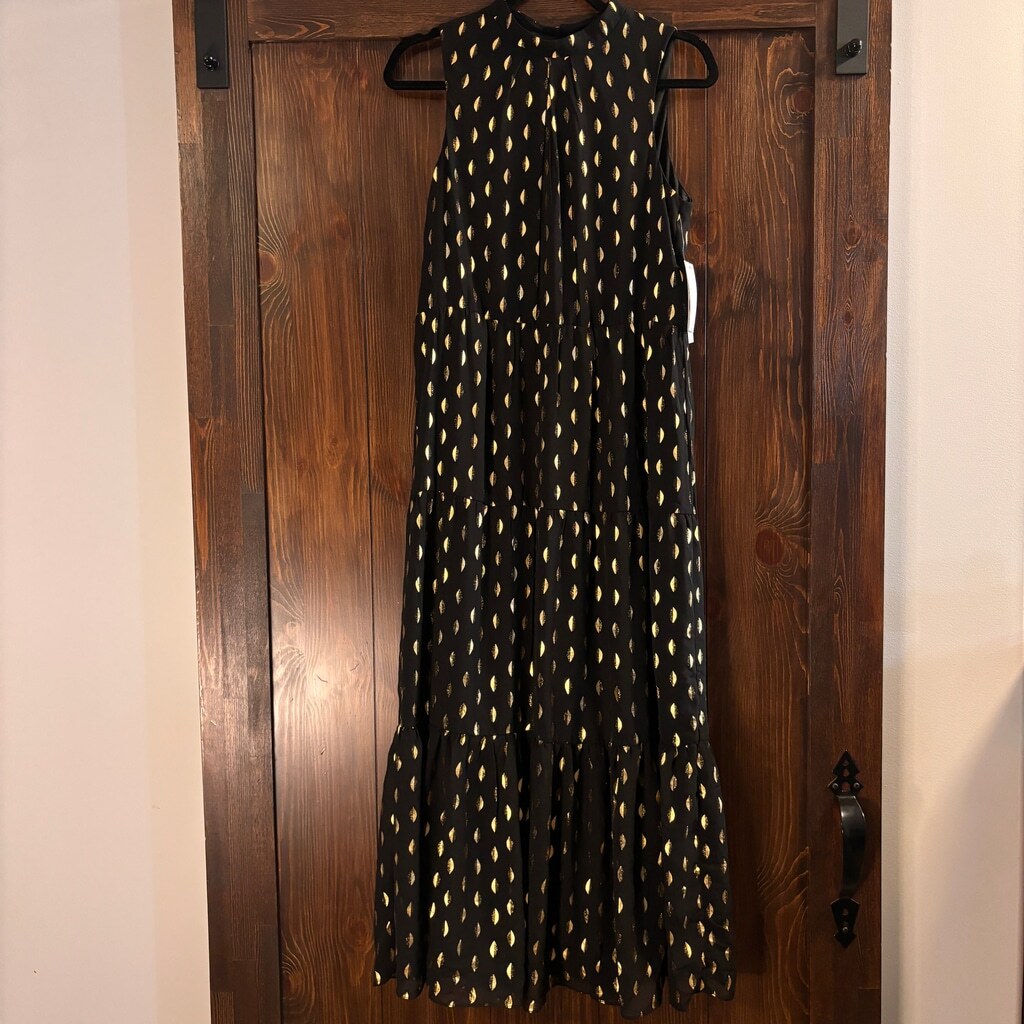 Donna Ricco Size 2 Black & Gold Mock Neck Triple-Tiered Formal Maxi Dress NWT