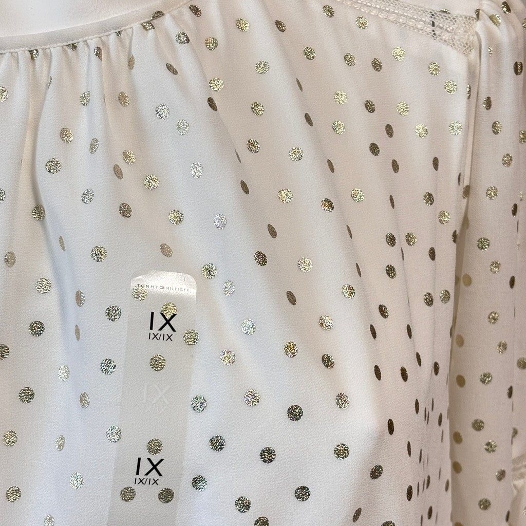 Tommy Hilfiger Plus Size 1X White w/ Gold Metallic-Dot Bloused Peasant Top NWT