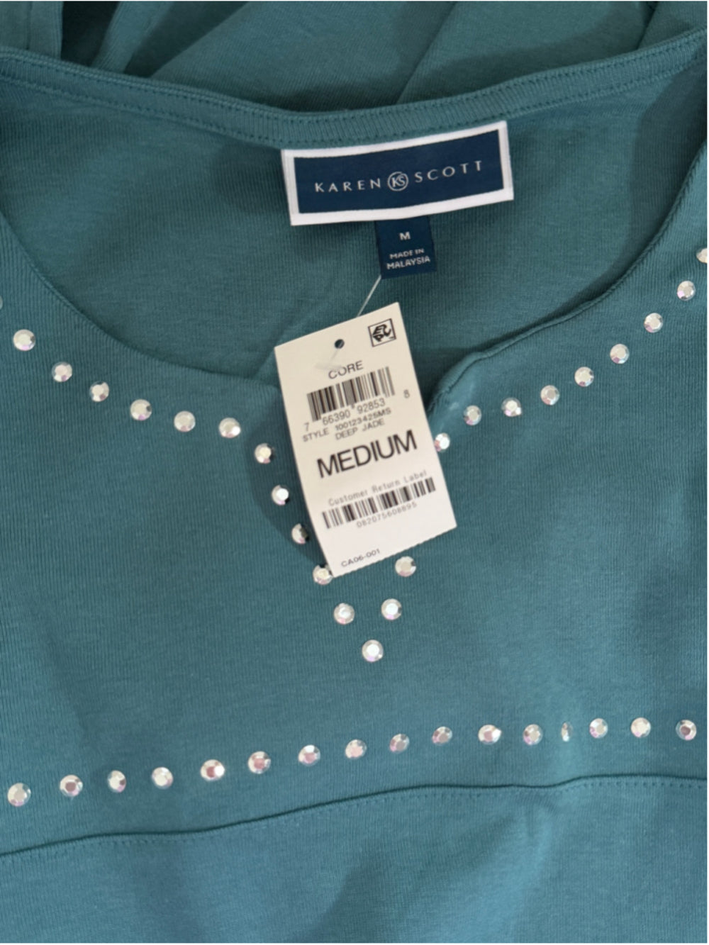 Karen Scott Women's Medium Embellished 100% Cotton 3/4 Sleeve Top Teal Blue NWT