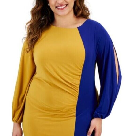 KASPER Plus Size Quinn Blue and Gold Colorblocked Split-Sleeve Dress NWT