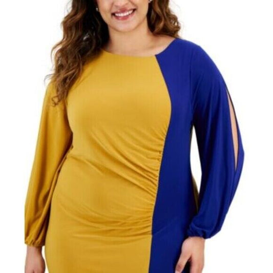 KASPER Plus Size Quinn Blue and Gold Colorblocked Split-Sleeve Dress NWT