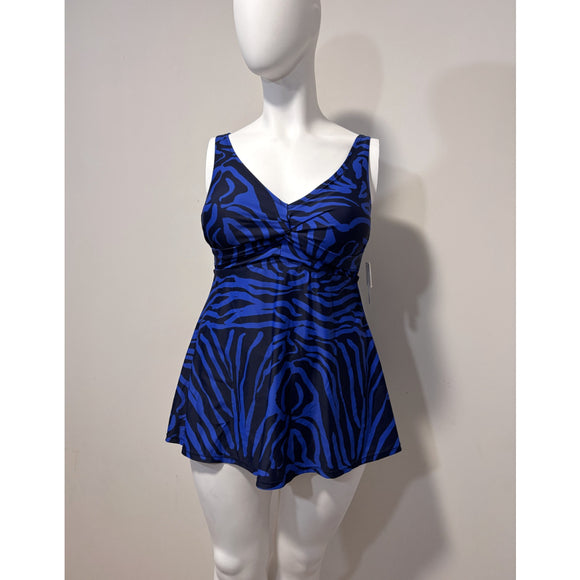 Raisins Curve Plus Size 14W Blue & Black Zebra Print Swimdress One Piece NWT
