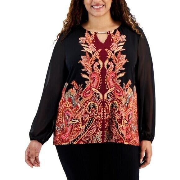JM Collection Plus Size Printed Chiffon-Sleeve Embellished-Neck Top NWT