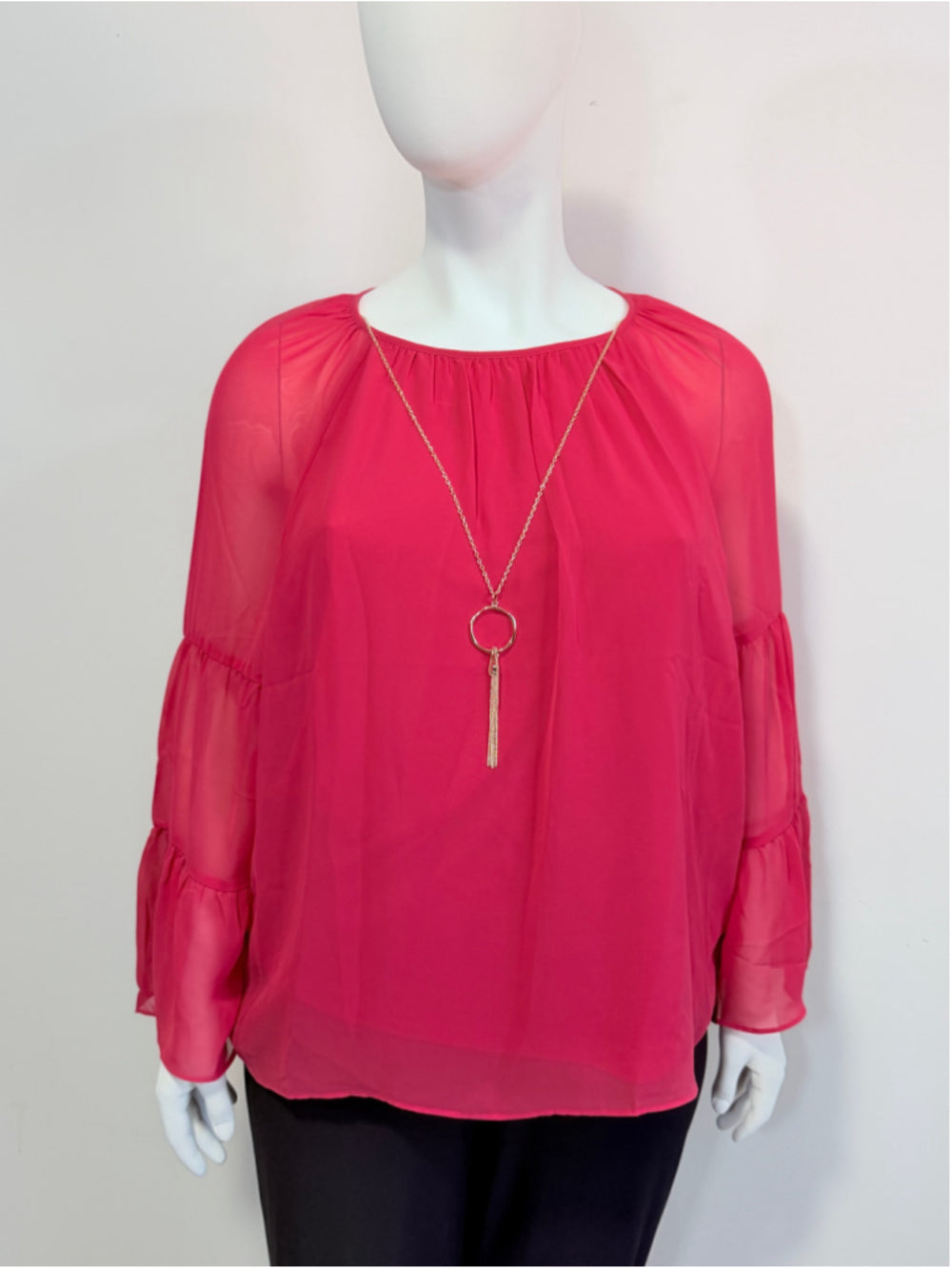 JM Collection Women's XL Pink Tiered Bell Sleeve Necklace Blouse / Top NWT