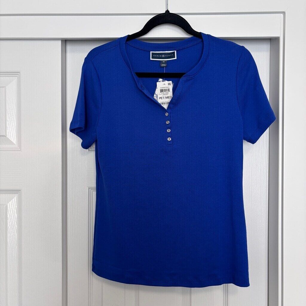 Karen Scott Women's Petite Bright Blue 100% Cotton Henley Top NWT
