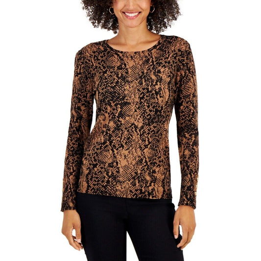 JM Collection Small Petite Brown & Black Python Print Buttoned-Cuff Sweater NWT