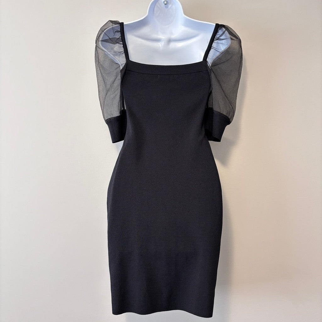 Bar III Women's Size Small Black Organza Puff Sleeve Sweater Mini Dress NWT