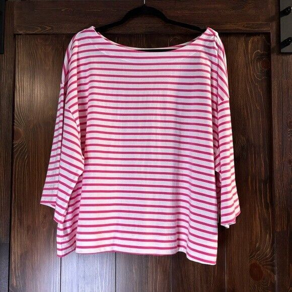 On 34th Plus Size Heavyweight Cotton Pink Striped Boat-Neck 3/4 Sleeve Top NWT