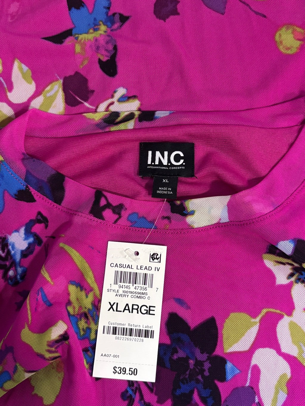 INC International Concepts Size XL Pink Printed Mesh Crewneck Top NWT