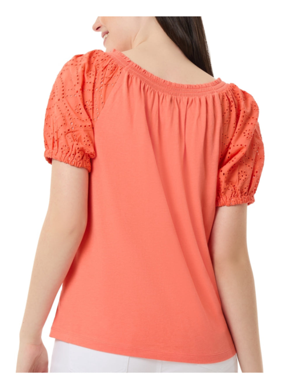 Jones New York Women's Small Sherbet Orange Eyelet Short Sleeve Top NWT