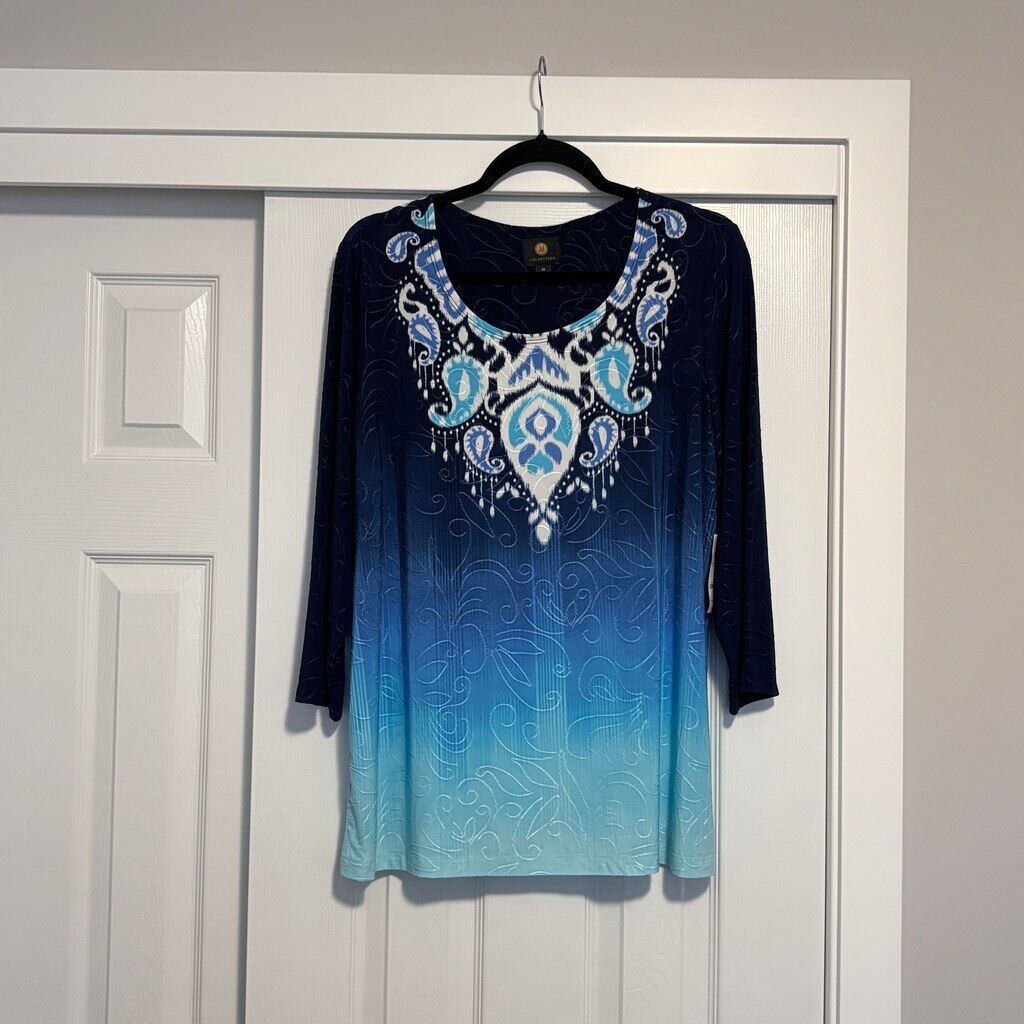 JM Collection Women's Plus Size 0X Gradient Blue Ikat Jacquard Top NWT