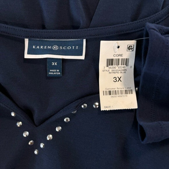 Karen Scott Plus Size Navy Blue Embellished Cotton Tunic NWT.