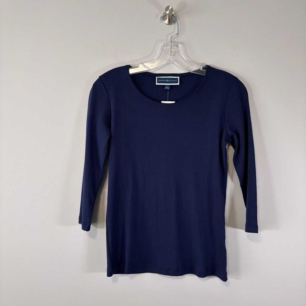 Karen Scott Petite Navy Blue 3/4 Sleeve 100% Cotton Scoop-Neck Top NWT