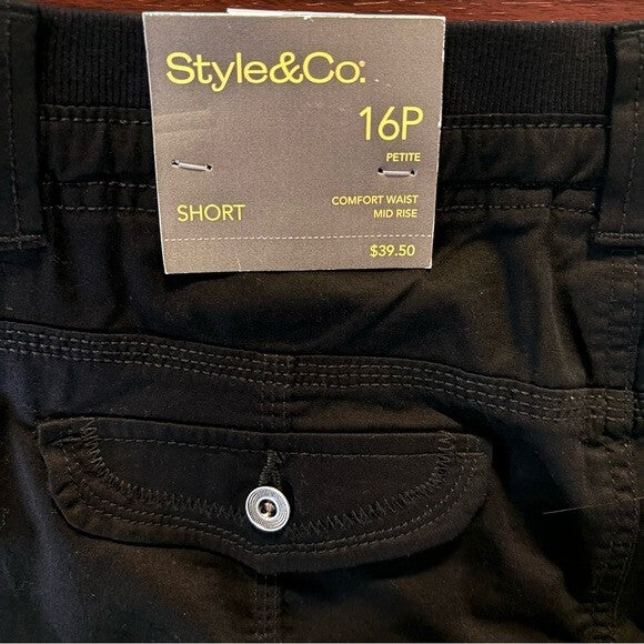Style & Co Women's Petite Black Casual Comfort-Waist Cargo Shorts NWT
