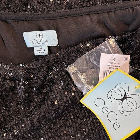 CECE Women's Black Long Sleeve Sequin Bow Detail One-Shoulder Top NWT